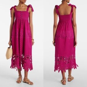 Farm Rio Pink Daisy Embroidered Sleeveless Midi Dress  Lace Details Medium NEW